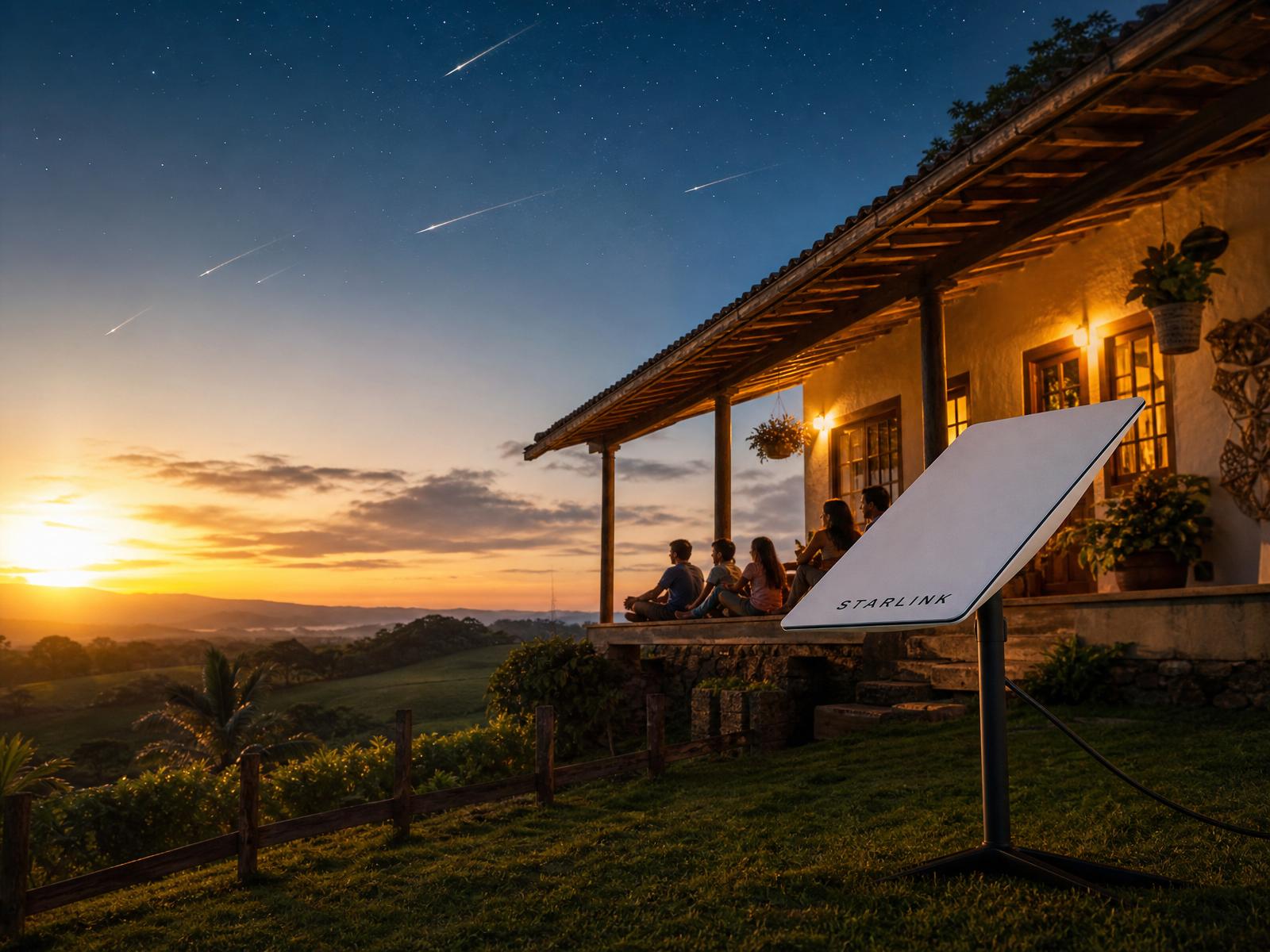 Antena Starlink apontada para o céu estrelado no Brasil